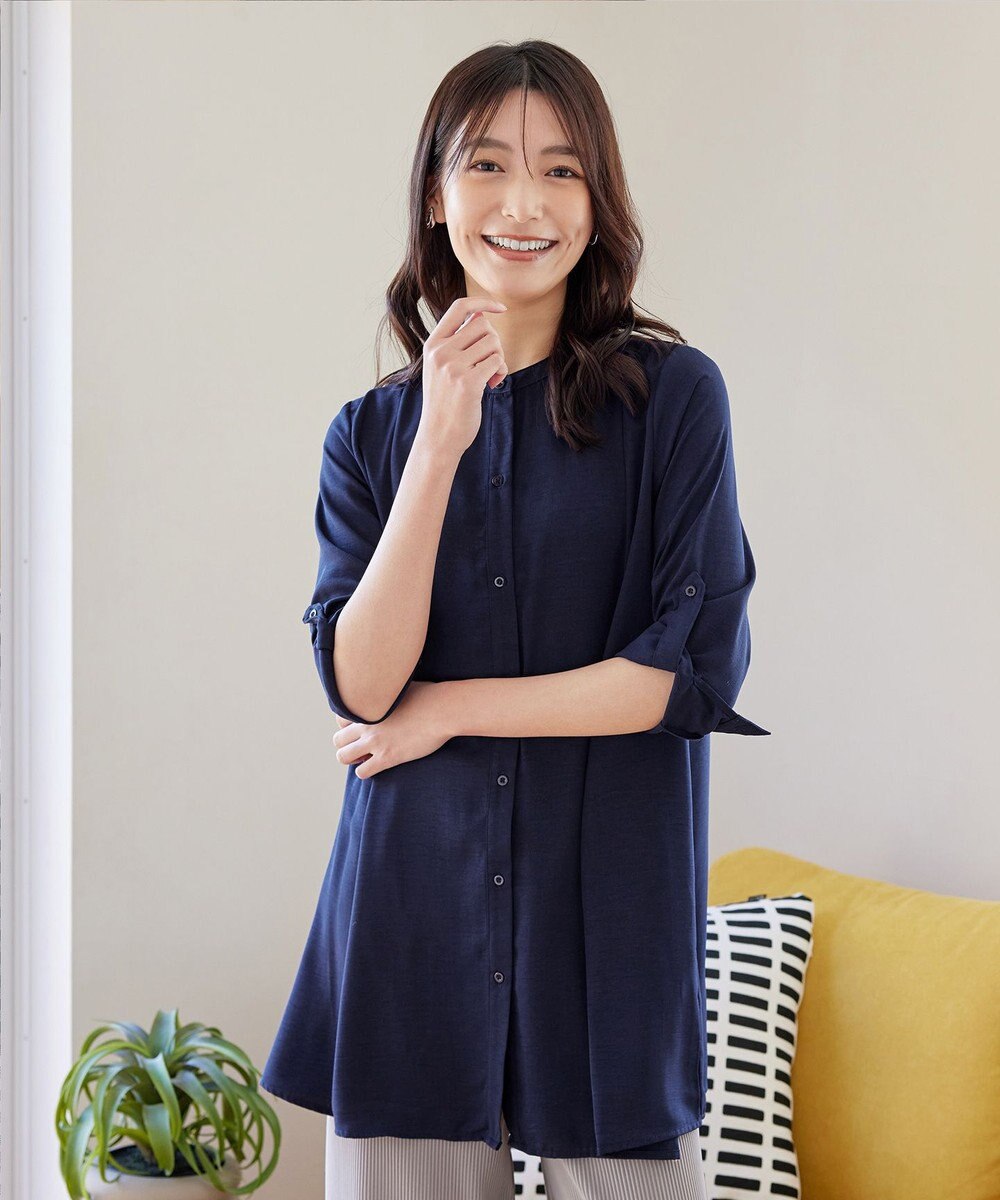 Tiaclasse 【新色追加・洗える】バンドカラーシャツチュニックブラウス 