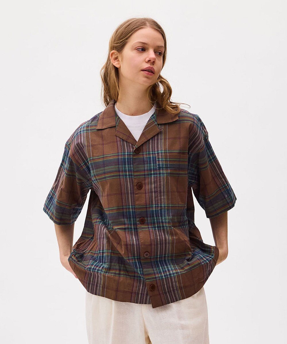 LENO DARK MADRAS CHECK OPEN COLLAR SHIRTS / マドラスチェックブラウス 