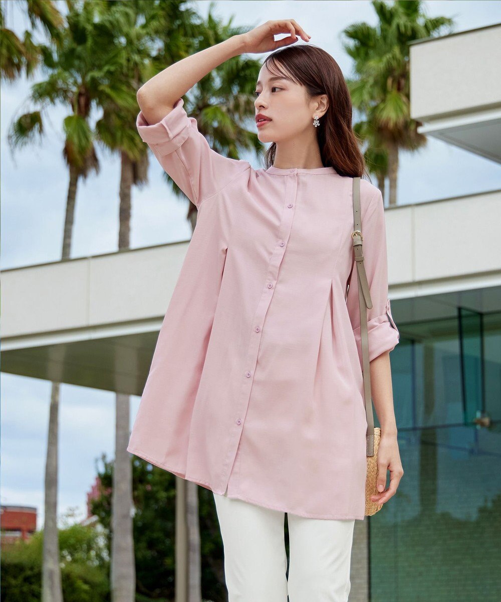 Tiaclasse 【新色追加・洗える】バンドカラーシャツチュニックブラウス 