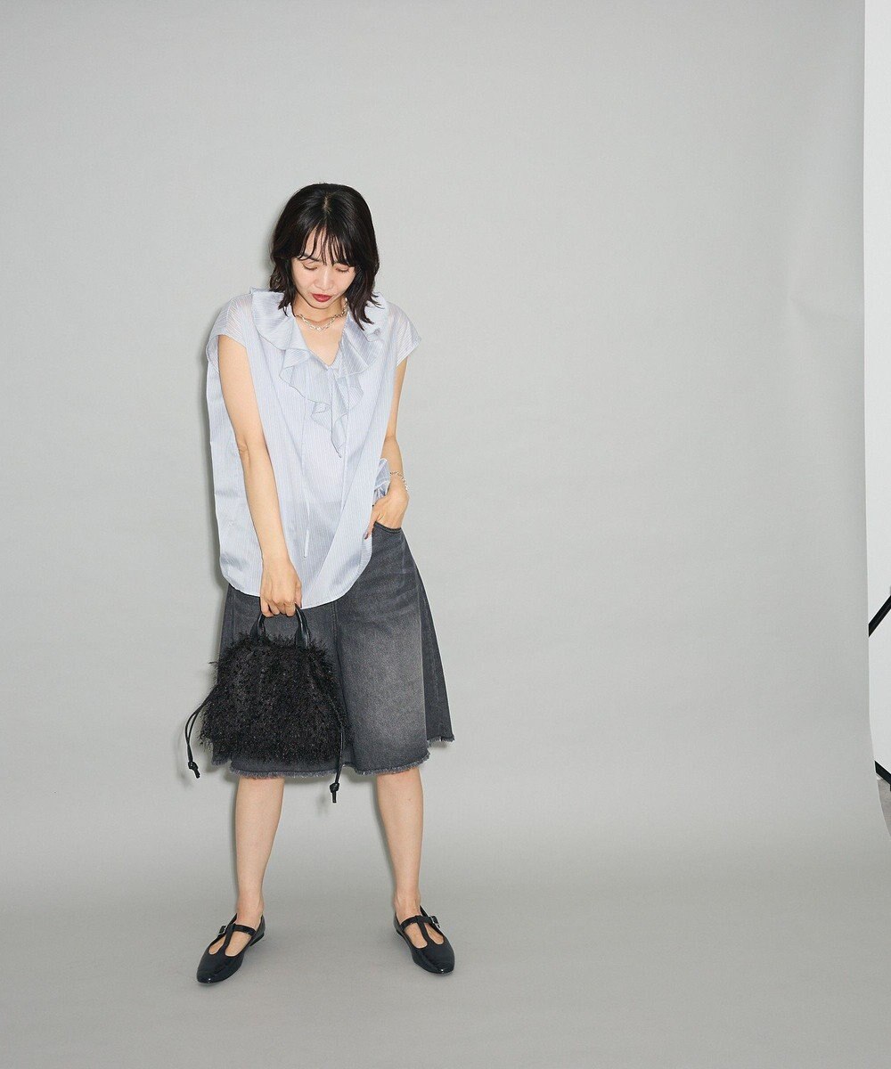 Green Parks ノースリーブストライプフリルブラウス 