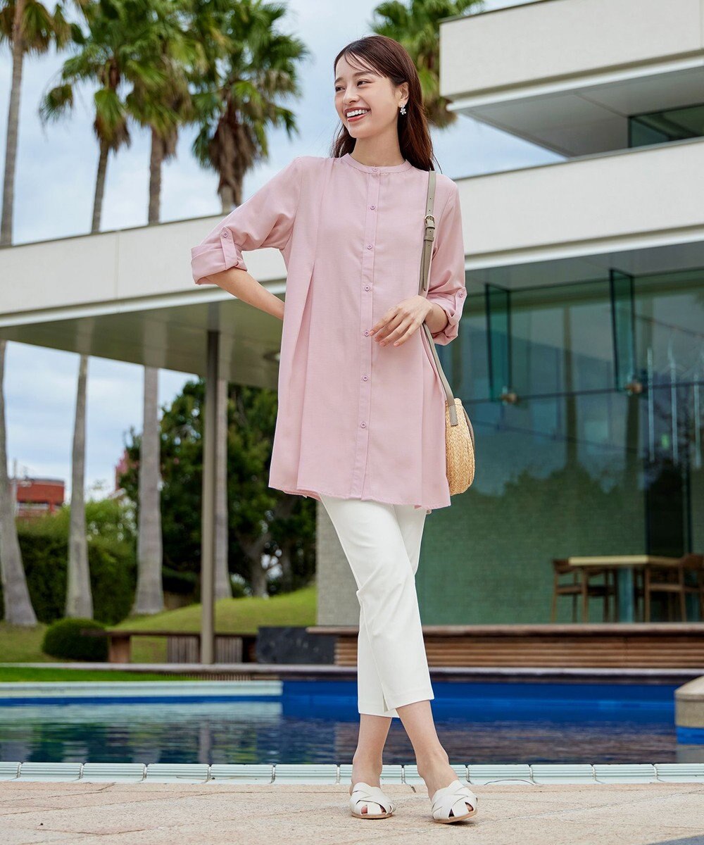 Tiaclasse 【新色追加・洗える】バンドカラーシャツチュニックブラウス 