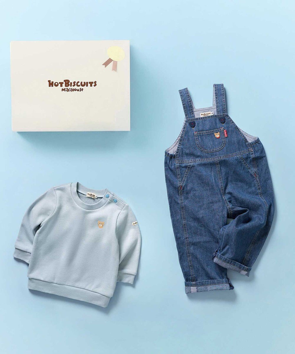 MIKI HOUSE HOT BISCUITS ワンポイントデニムオーバーオール＆ワンポイントトレーナーギフトセット【BOX付き】 