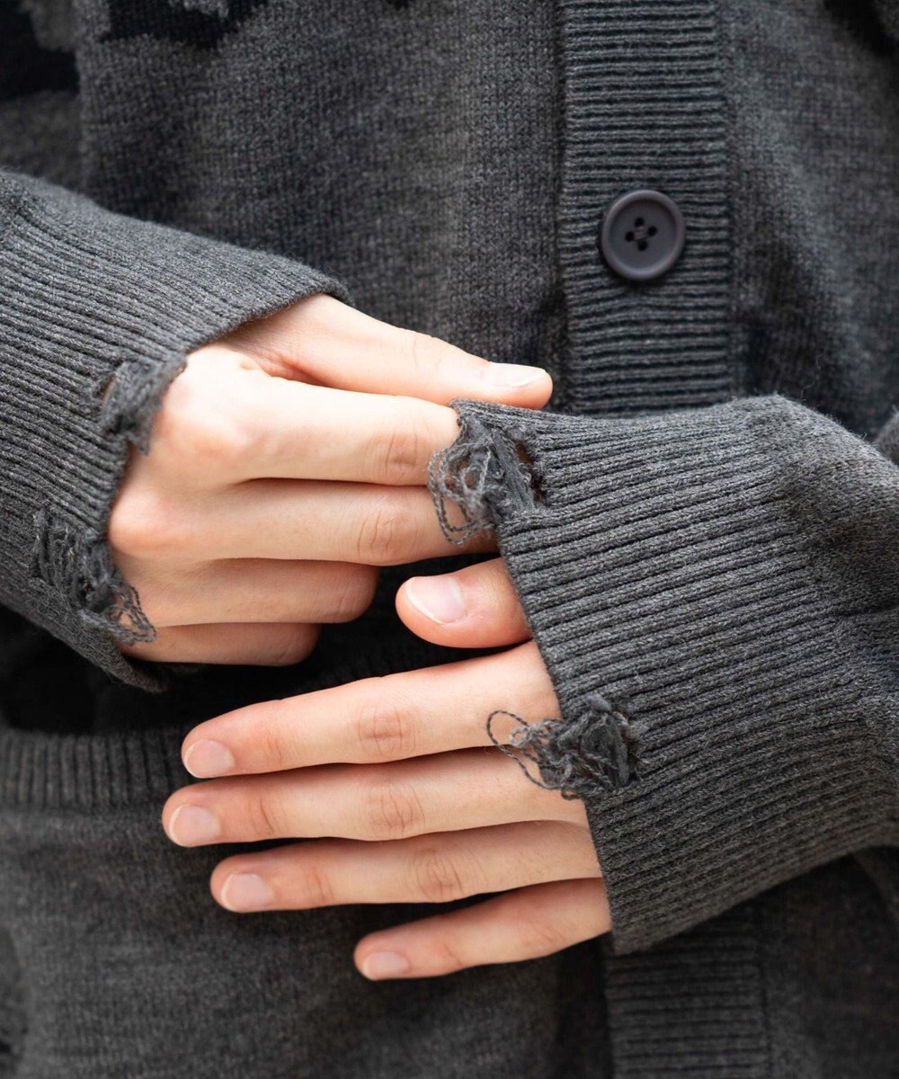 WEGO 【ユニセックス着用ITEM】ダメージジャガードカーディガン 