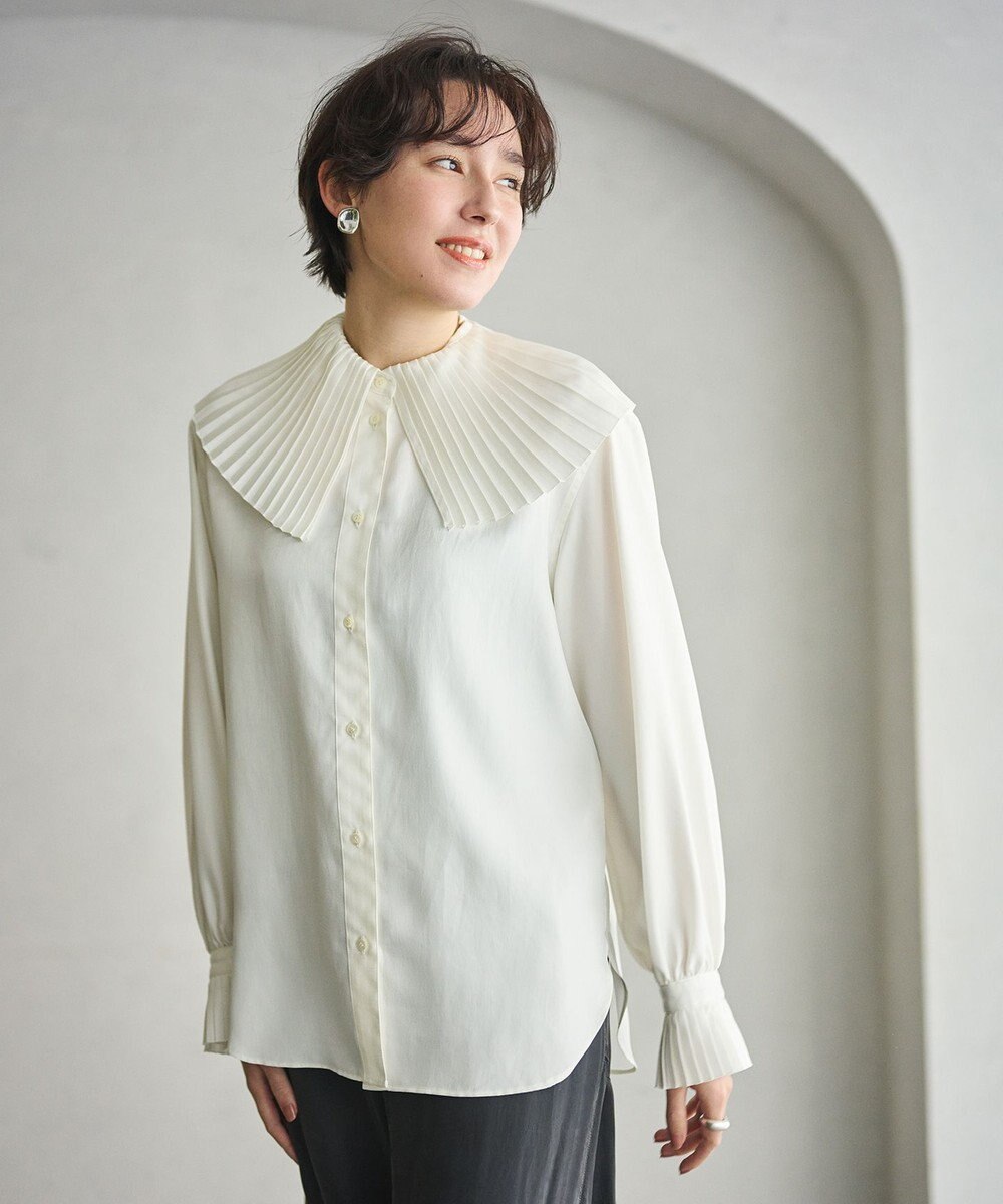#Newans 【シワになりにくい/洗濯機可能】プリーツカラーブラウス 