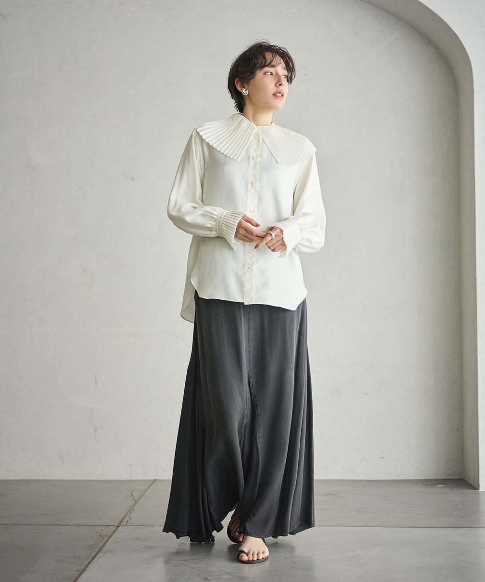 #Newans 【シワになりにくい/洗濯機可能】プリーツカラーブラウス 