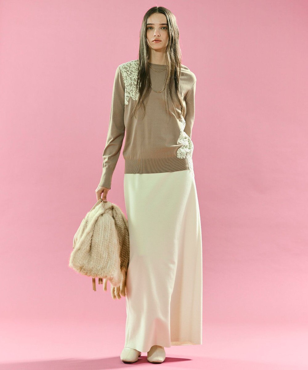 BEIGE， 【ご好評により新色追加！洗える】WILLOW / アシンメトリーレースクルーネックニット 