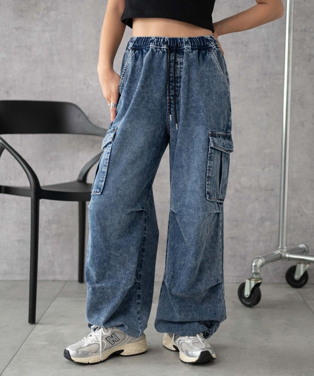 WEGO 【XS～Mサイズ展開/ウエストゴム 】デニムイージーパラシュートカーゴパンツ 
