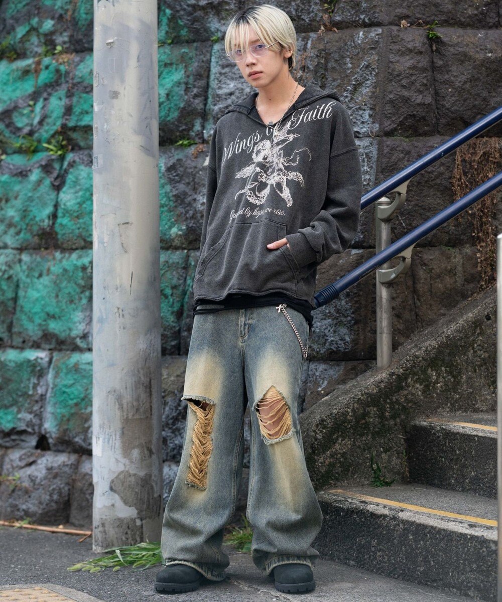 WEGO 【ユニセックス着用ITEM】ヴィンテージグラフィックキーネックプルパーカー 