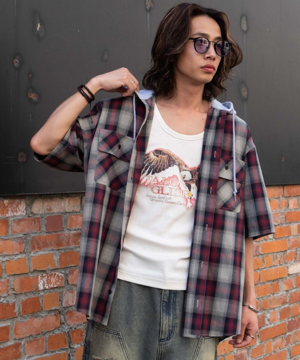 WEGO 【ユニセックス着用ITEM/MLサイズ展開】オンブレチェックフードシャツ（SS） 