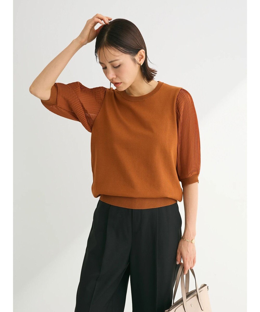 Green Parks 袖プリーツドッキング５分袖ニットプルオーバー 