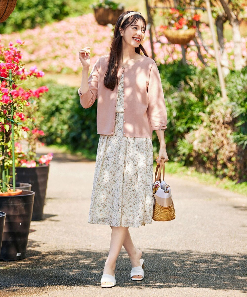 Tiaclasse L 【洗える】程良い透け感のシフォン花柄フレンチワンピース 