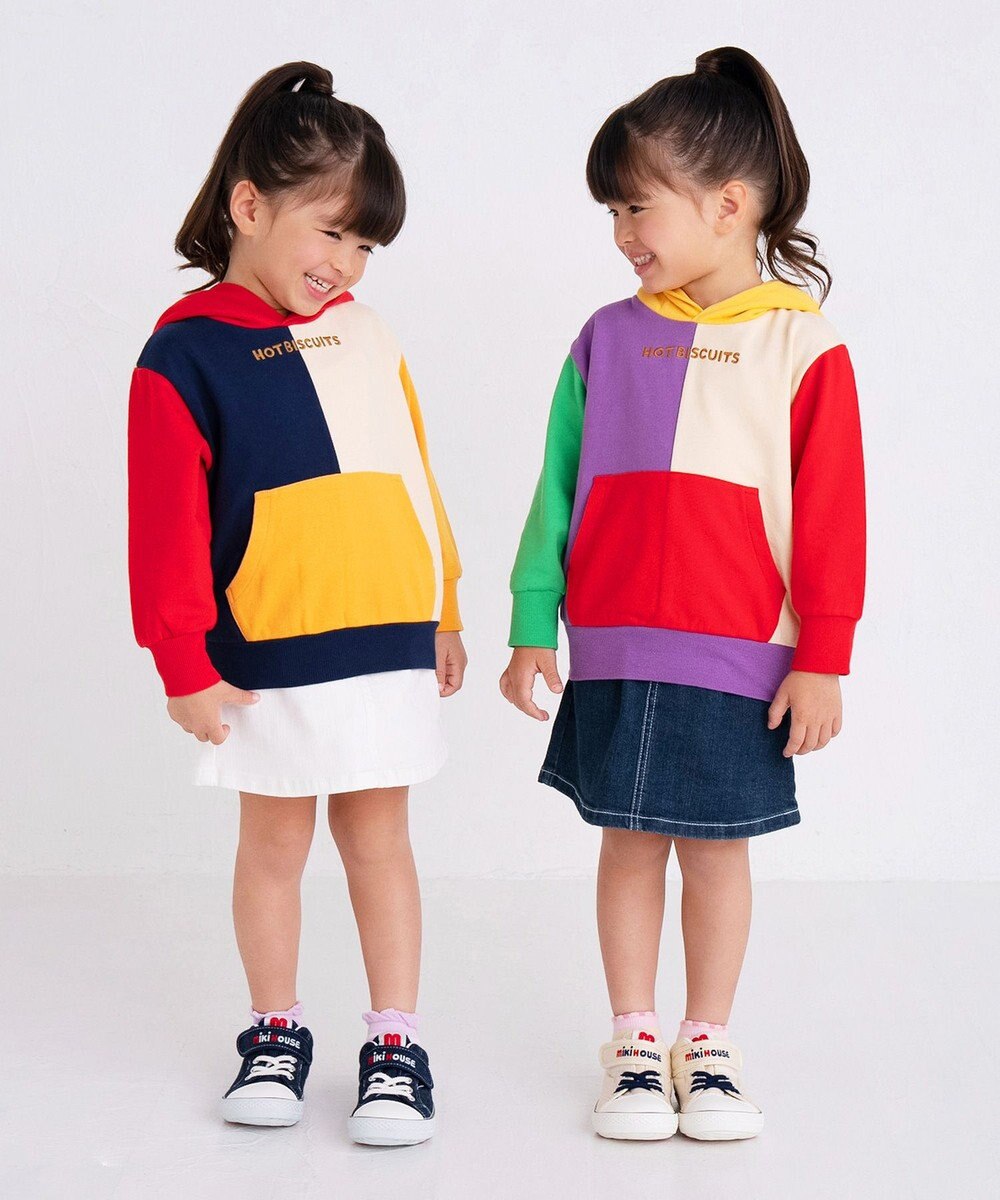 MIKI HOUSE HOT BISCUITS 【80-120cm】 マルチカラー配色切り替え ロゴパーカー 