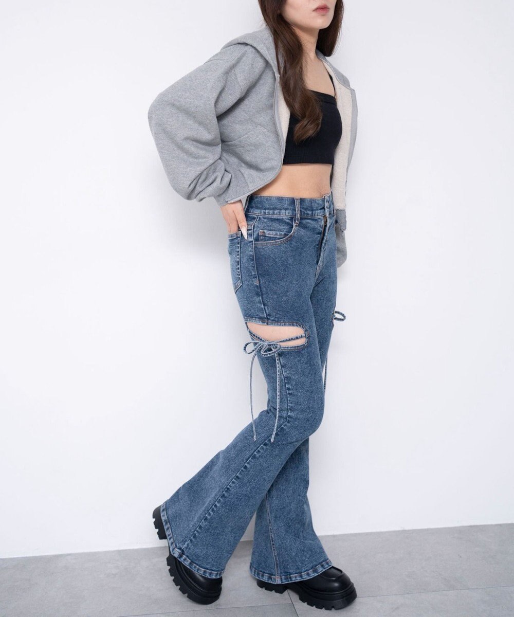 WEGO 【SMサイズ展開/伸びる】カットアウトリボンストレッチフレアデニムパンツ 