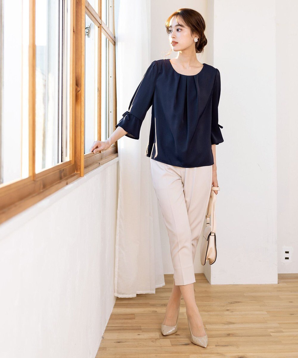 Tiaclasse 【洗える】リボン付きタックフレア袖ブラウス 