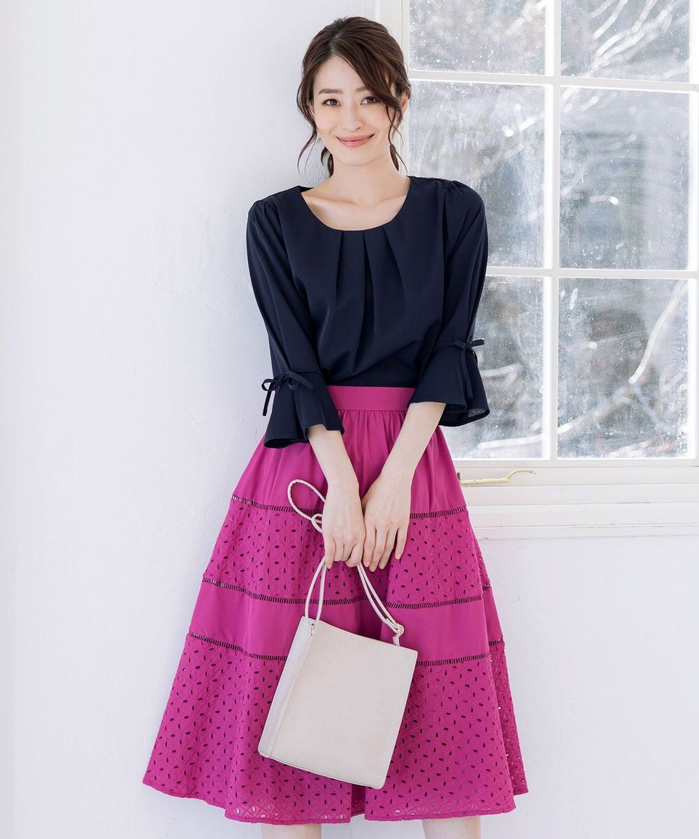 Tiaclasse 【洗える】リボン付きタックフレア袖ブラウス 