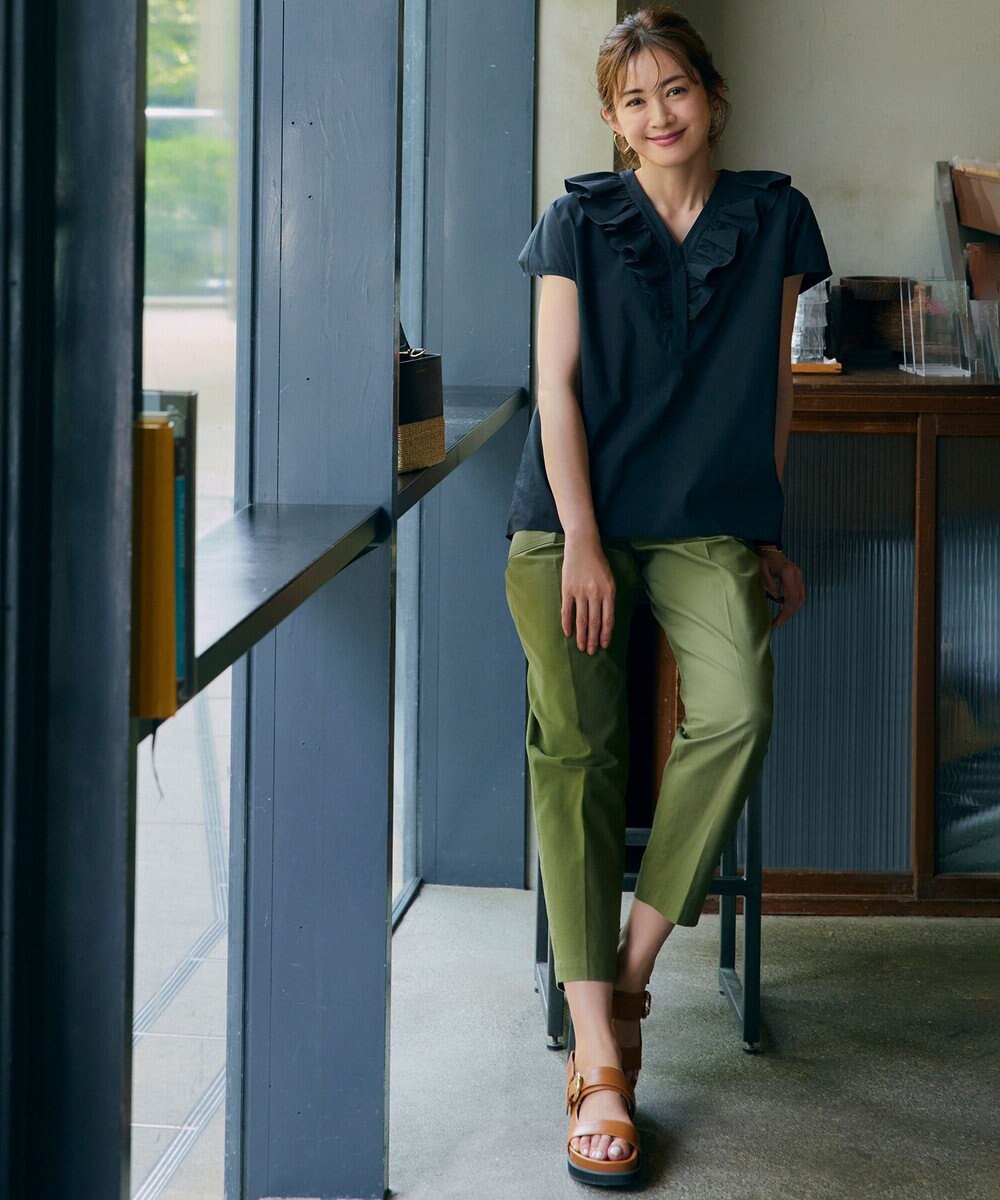 23区 L 【一部店舗限定/洗える】ハイカウントウェザーストレッチ フリル ブラウス 