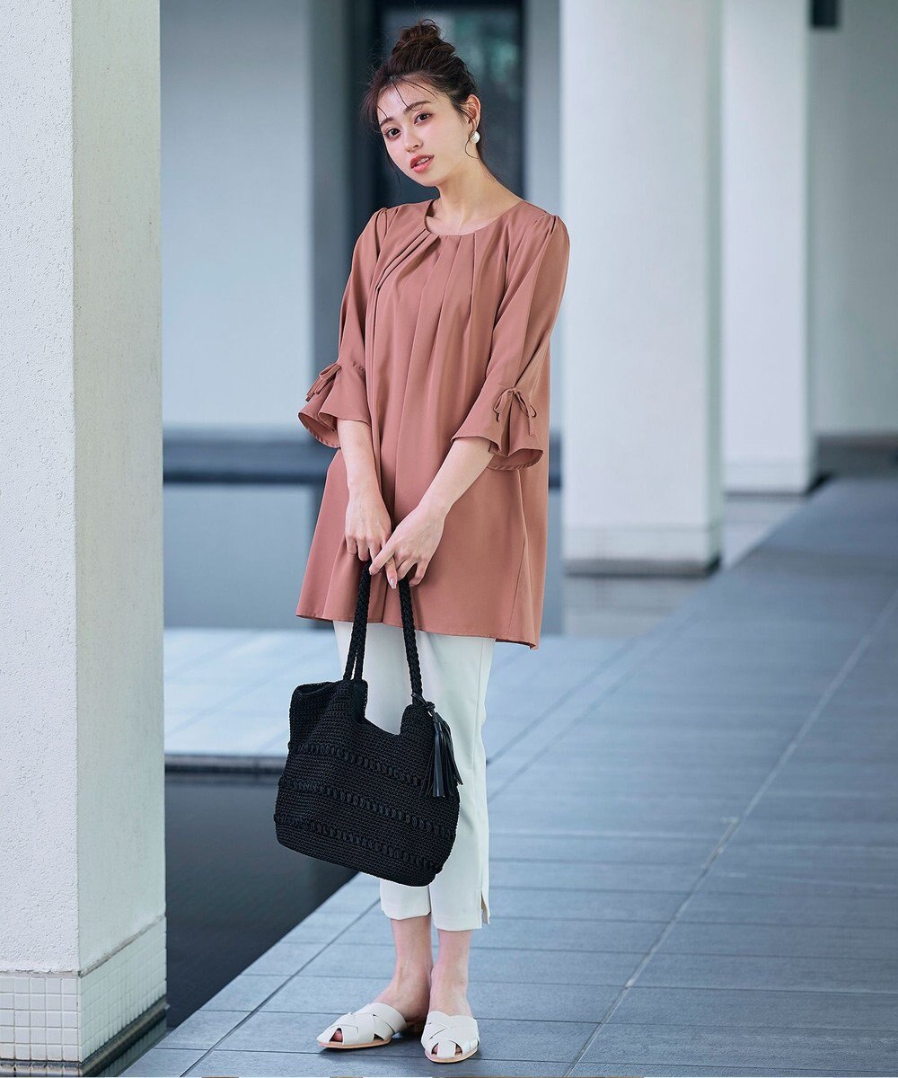 Tiaclasse L 【洗える】リボン付きタックスリーブチュニックブラウス 