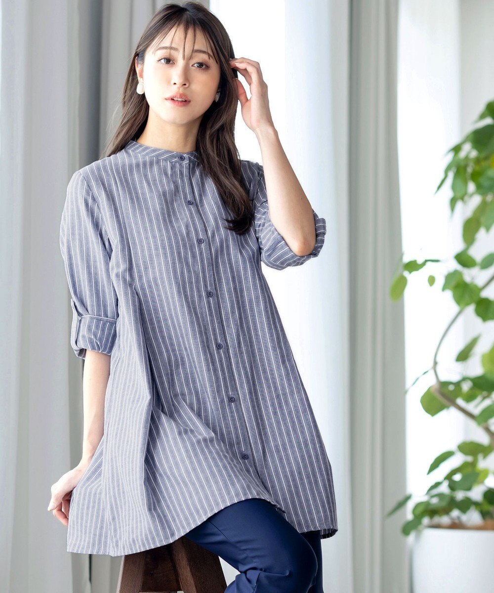 Tiaclasse 【新色追加・洗える】バンドカラーシャツチュニックブラウス 