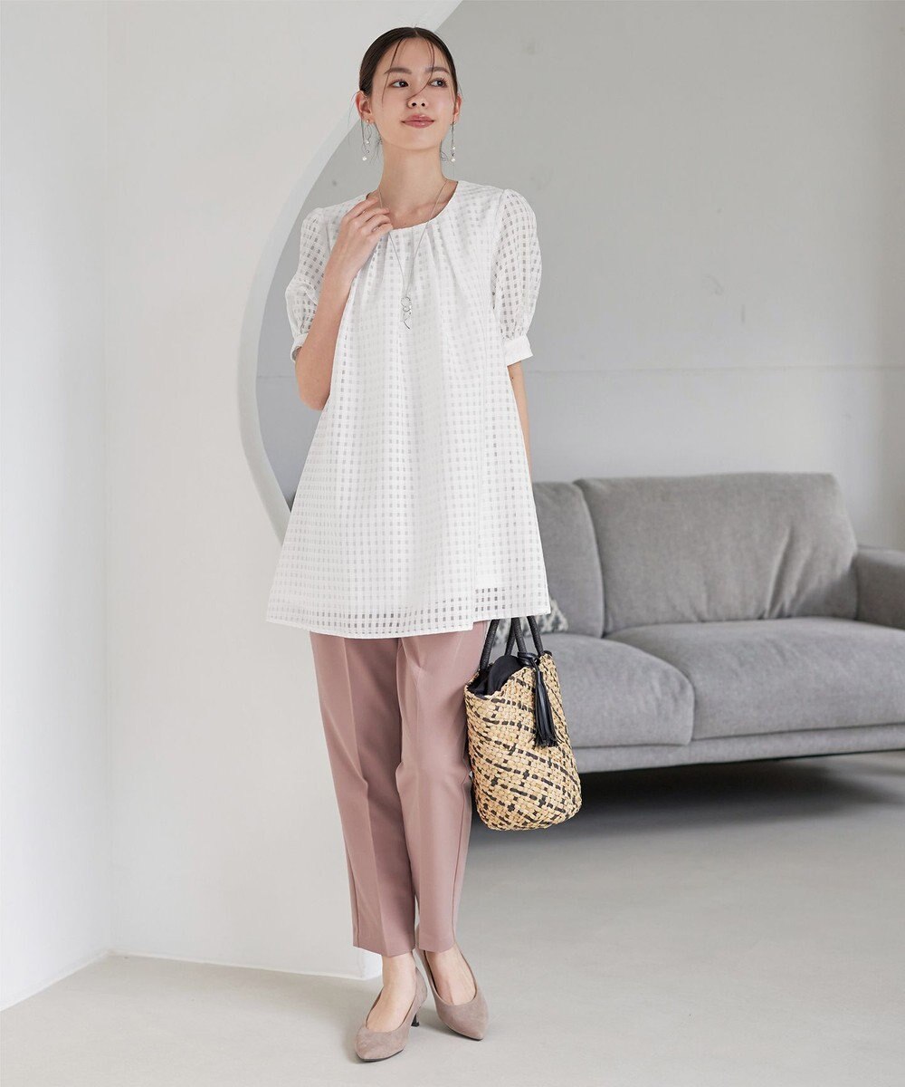 Tiaclasse 【洗える】シアーチェックパフスリーブチュニックブラウス 