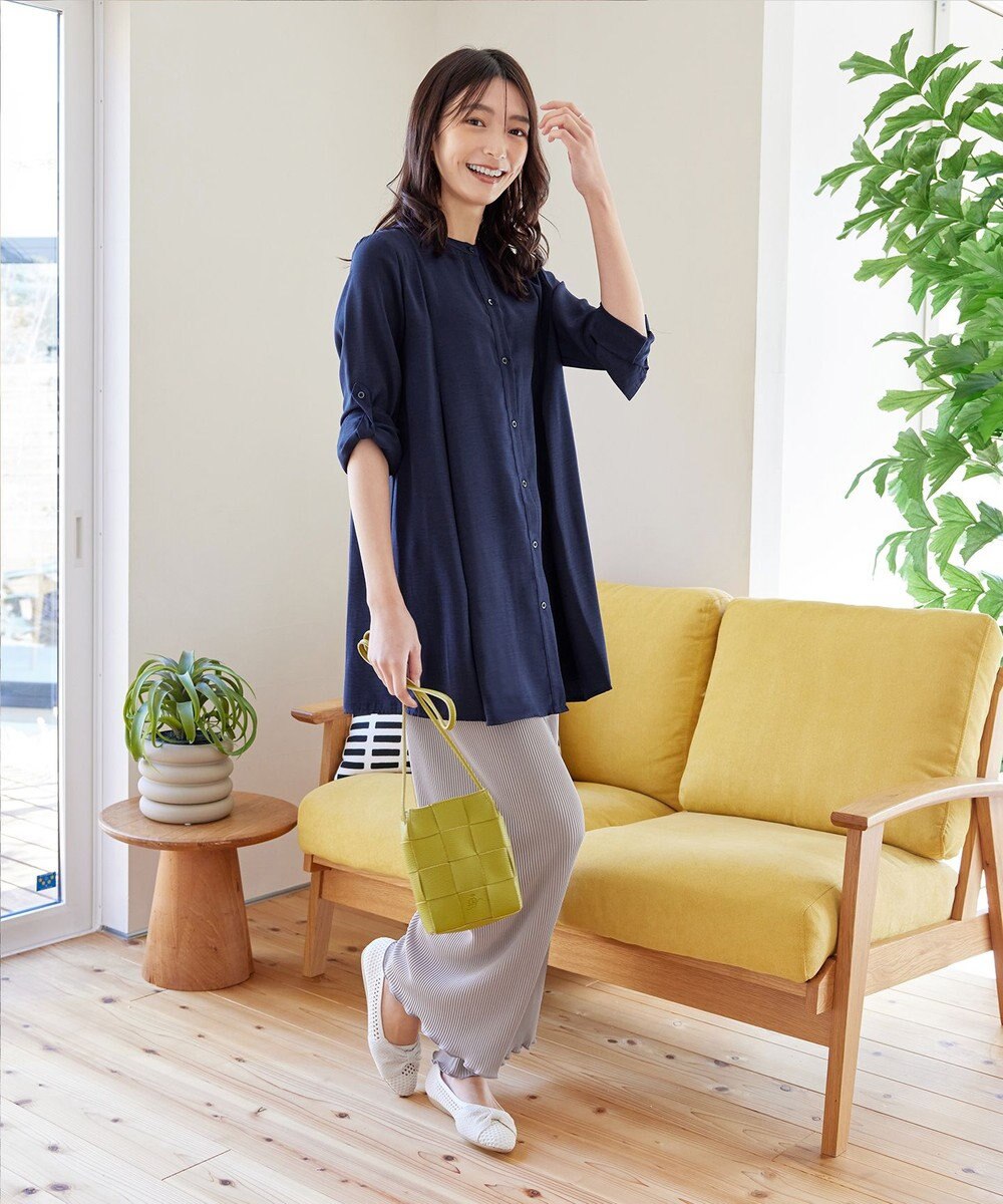 Tiaclasse 【新色追加・洗える】バンドカラーシャツチュニックブラウス 