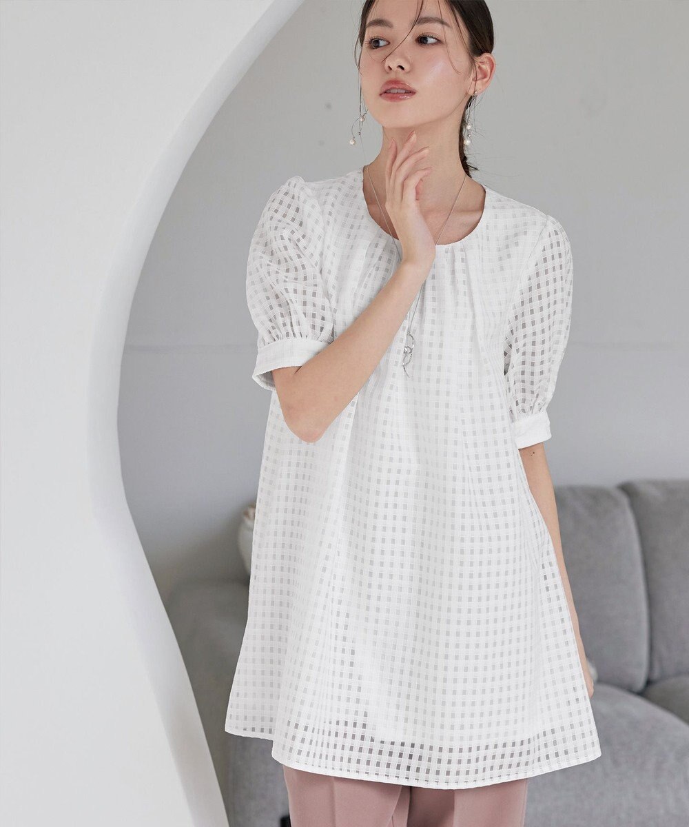 Tiaclasse 【洗える】シアーチェックパフスリーブチュニックブラウス 