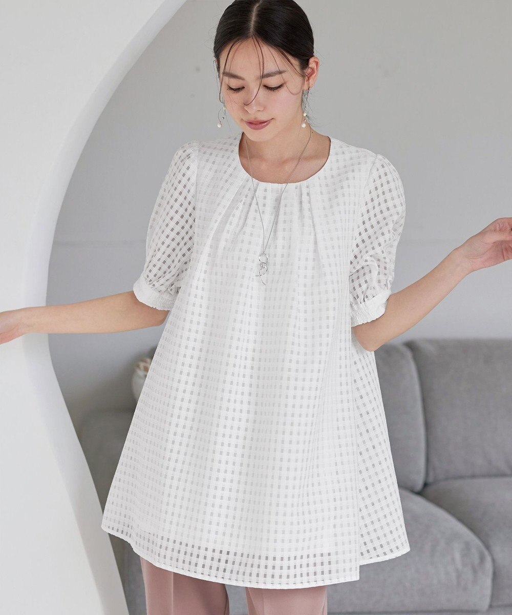 Tiaclasse 【洗える】シアーチェックパフスリーブチュニックブラウス 