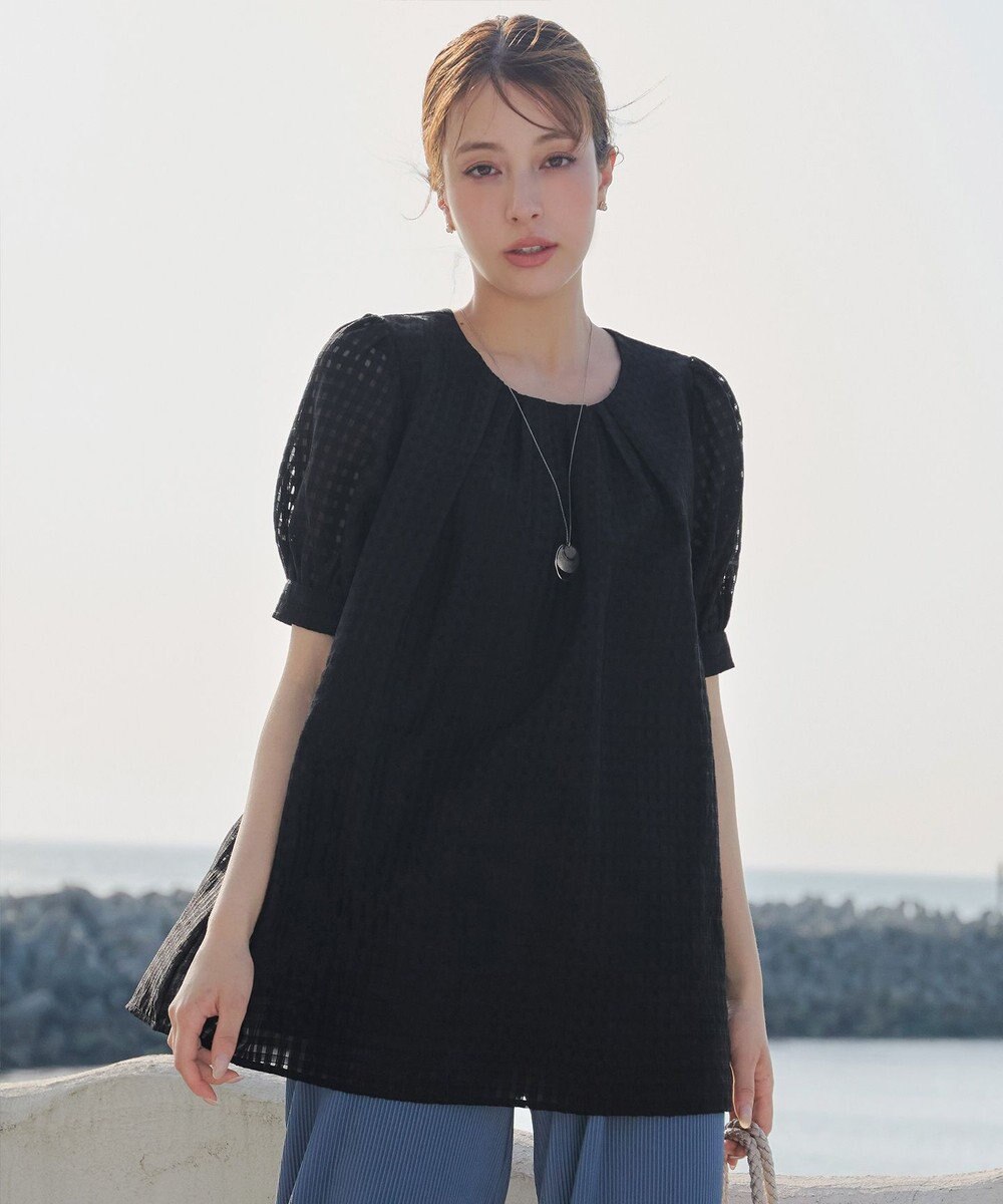 Tiaclasse 【洗える】シアーチェックパフスリーブチュニックブラウス 