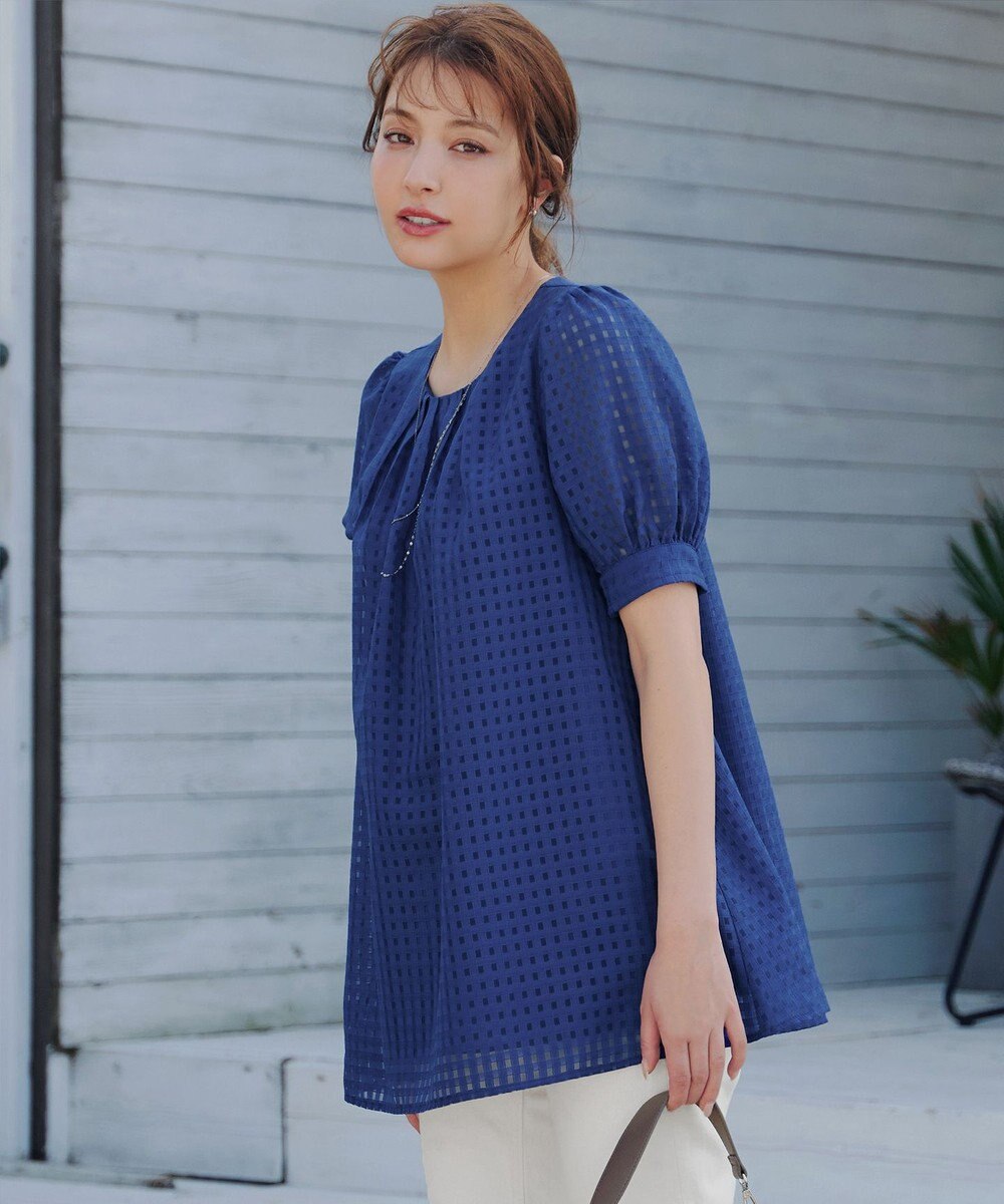 Tiaclasse 【洗える】シアーチェックパフスリーブチュニックブラウス 