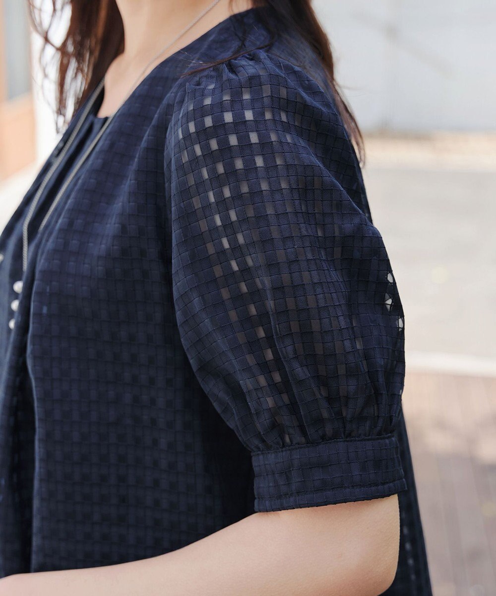 Tiaclasse 【洗える】シアーチェックパフスリーブチュニックブラウス 