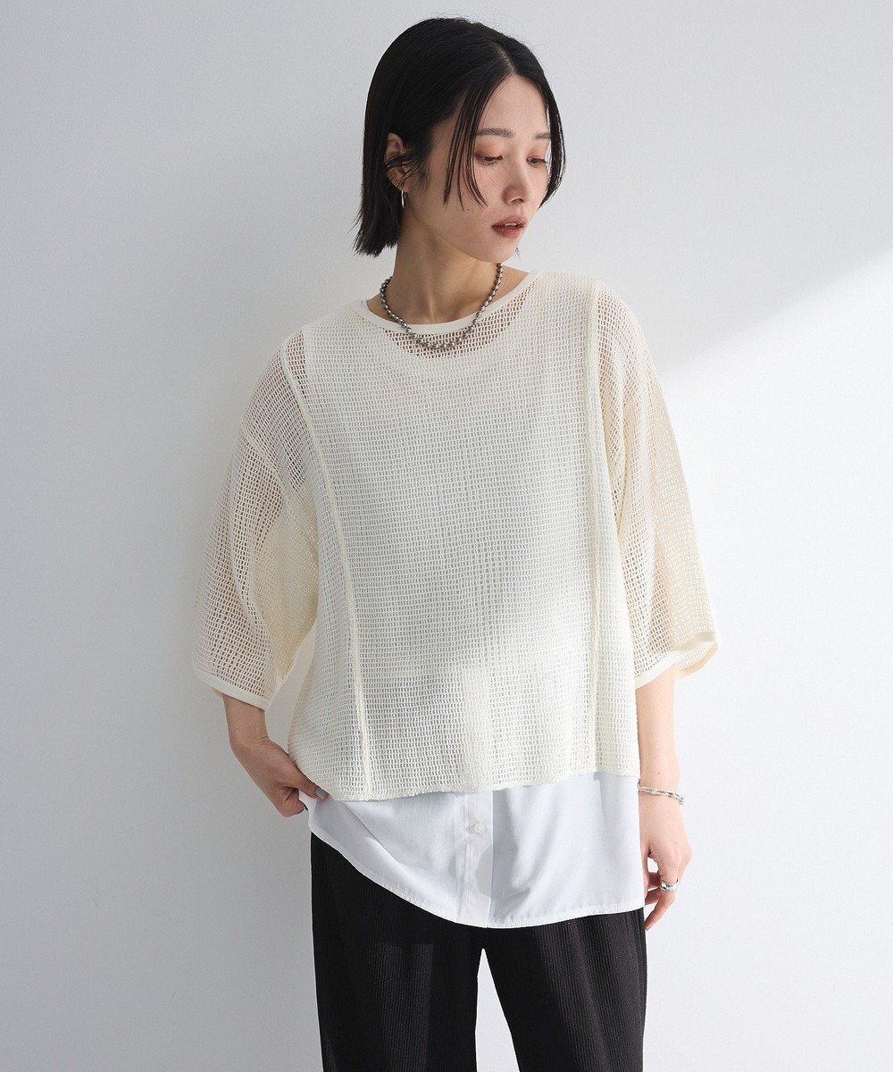 Green Parks 七分袖コットンメッシュラグラントップス 