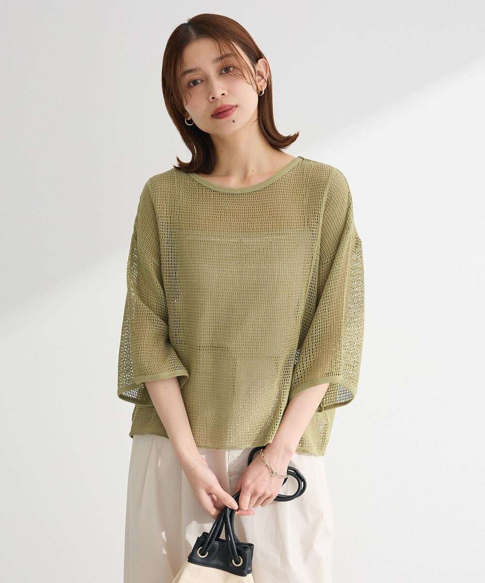 Green Parks 七分袖コットンメッシュラグラントップス 