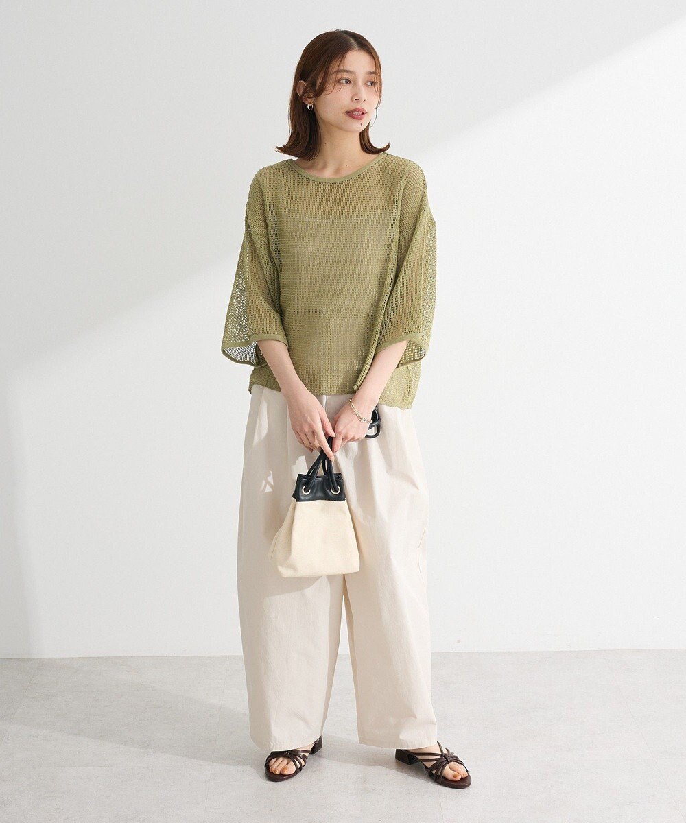 Green Parks 七分袖コットンメッシュラグラントップス 