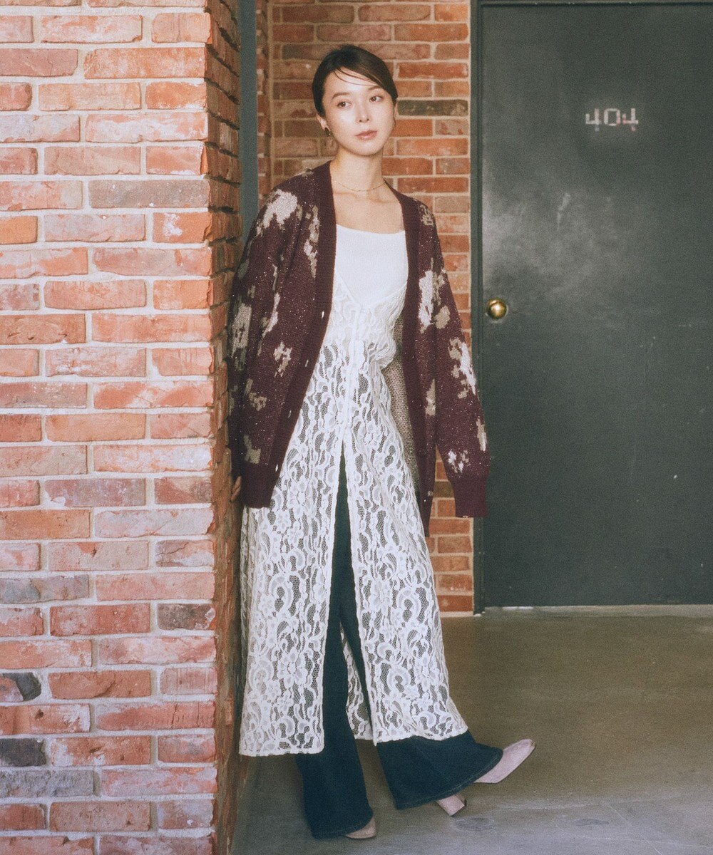 earth music&ecology フラワージャガードラメシャギーカーディガン 