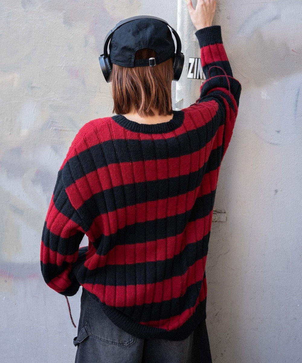 WEGO ボーダーワイドリブダメージニット 