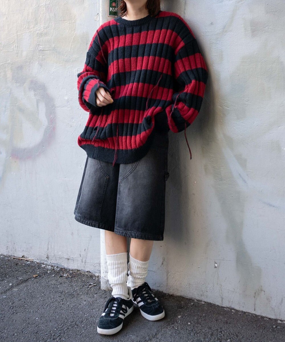 WEGO ボーダーワイドリブダメージニット 