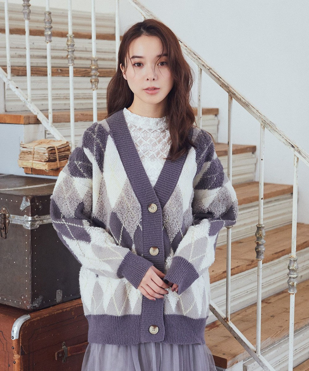 earth music&ecology ループ編みアーガイルカーディガン 