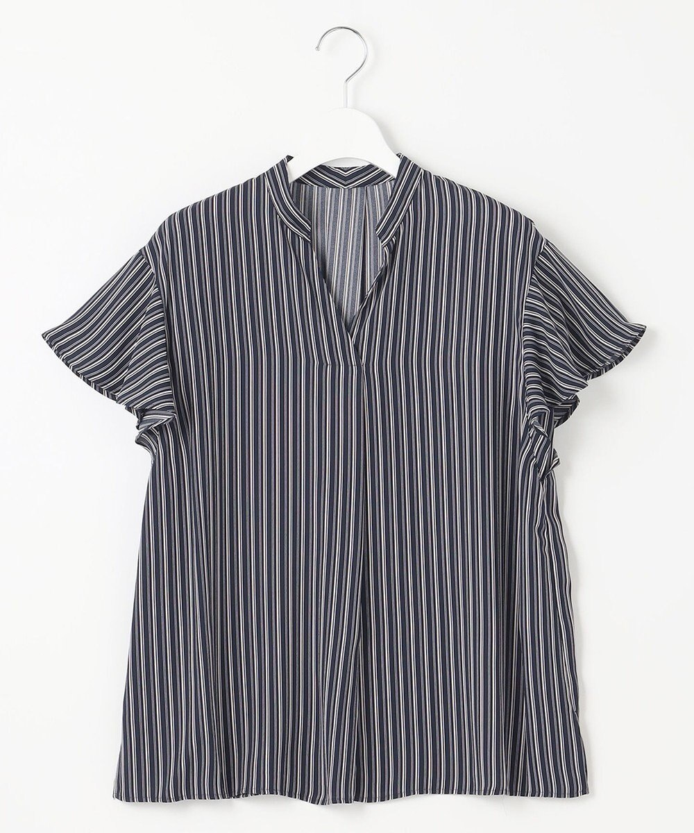 23区 L 【洗える】ランダムストライププリント キーネック ブラウス 