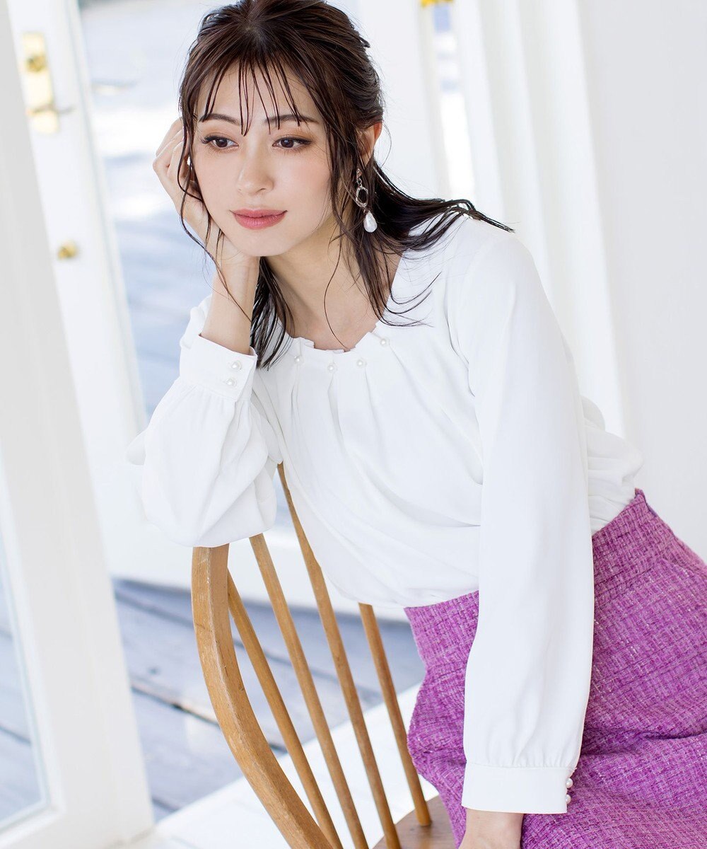 Tiaclasse L 【洗える】大人上品なタックパールブラウス 