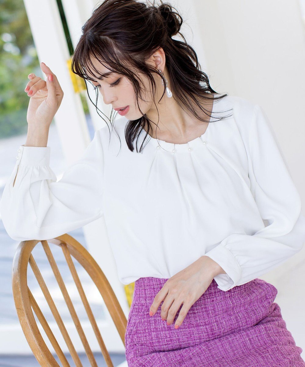 Tiaclasse L 【洗える】大人上品なタックパールブラウス 