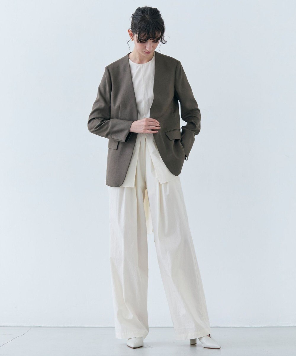 BEIGE， 【洗える】CAROLE / リネンライクノーカラーハーフ丈ジャケット 