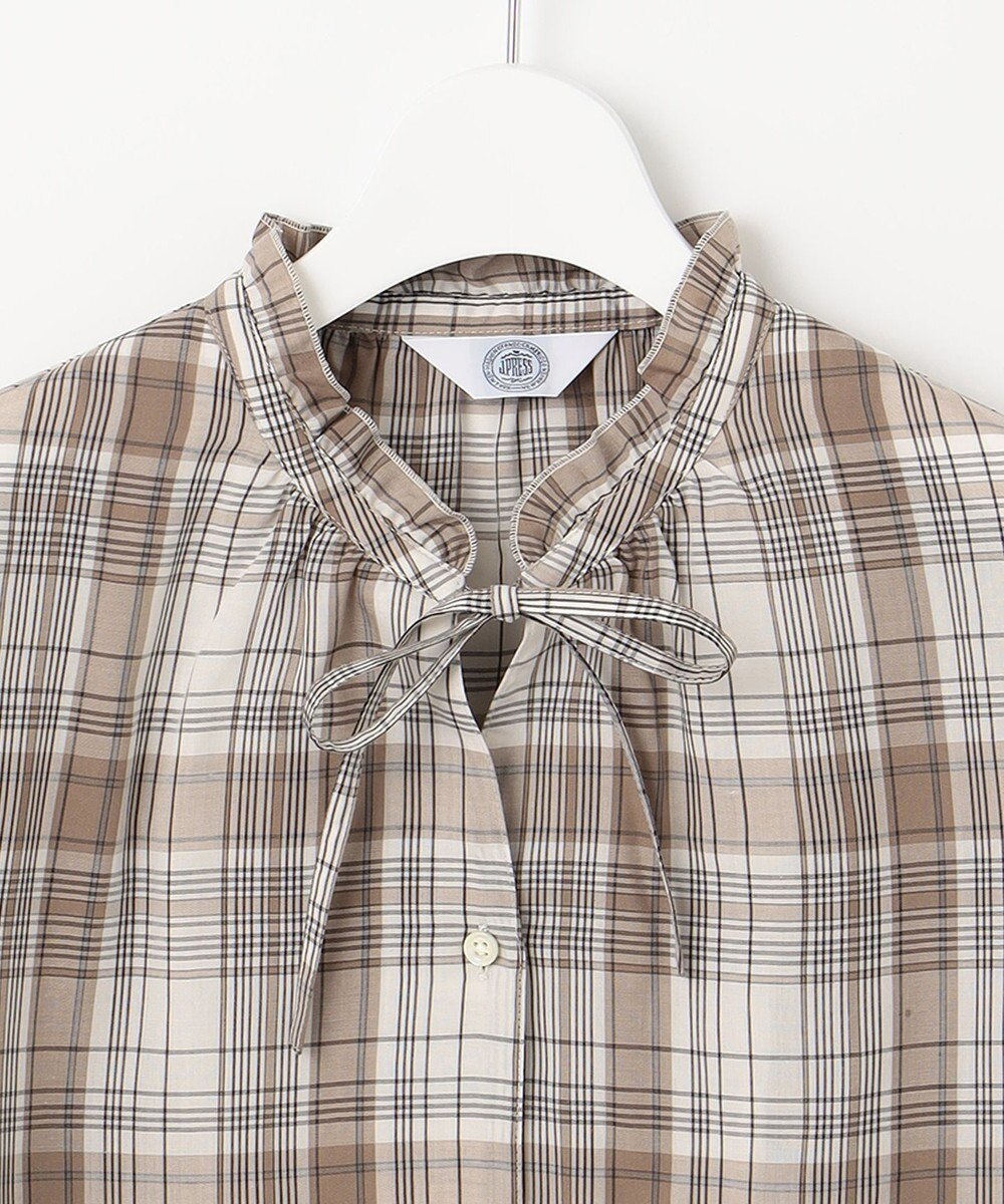 J.PRESS LADIES 【洗える】キュプラチェック フリルスタンドカラー ブラウス 