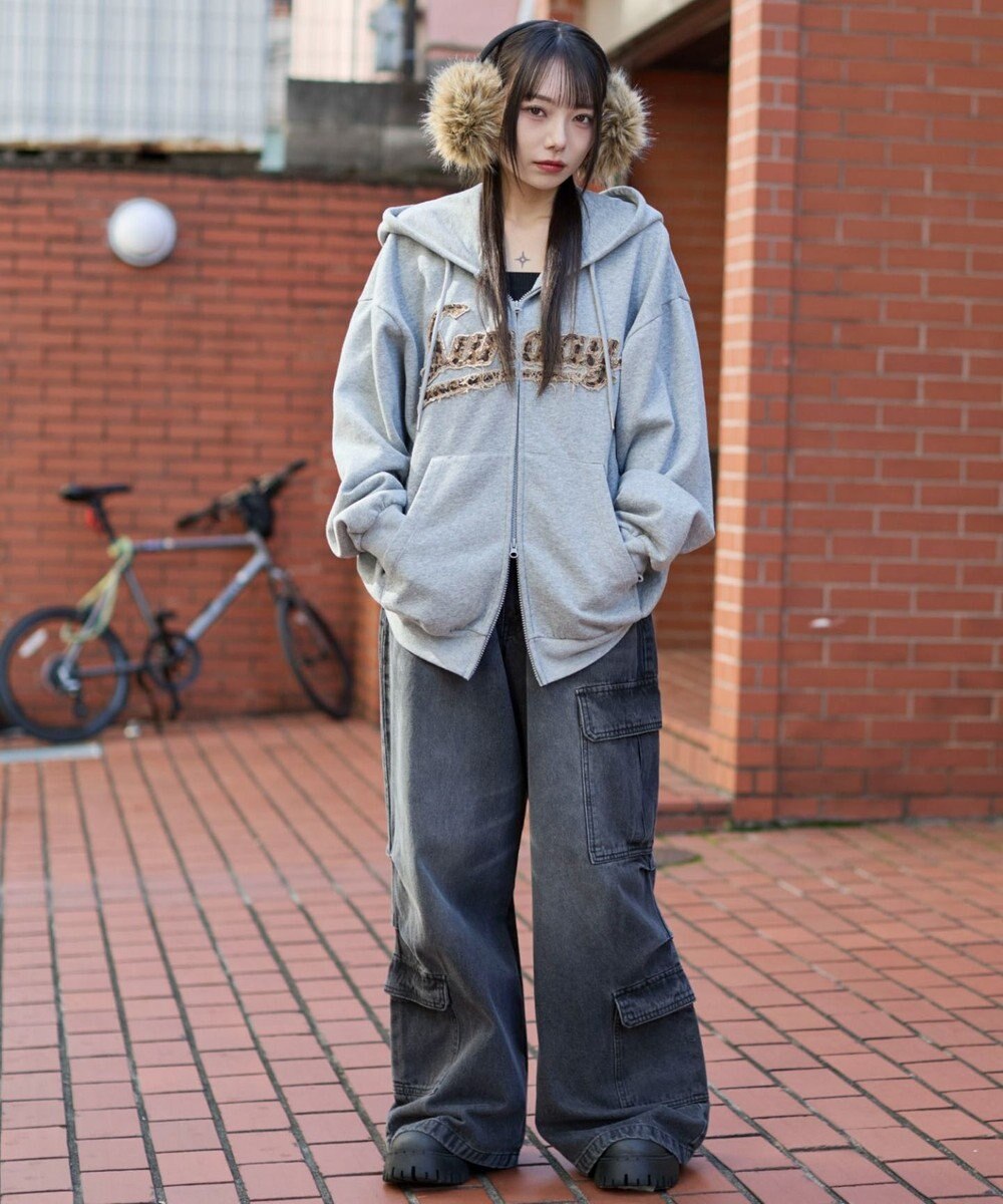 WEGO 【ユニセックス着用ITEM/SMLサイズ展開】レオパードワッペンダブルZIPパーカー 