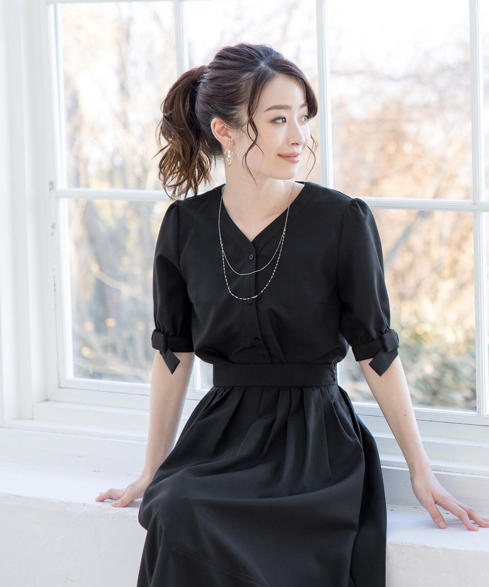 Tiaclasse L 【洗える】麻調リボン袖ブラウス 