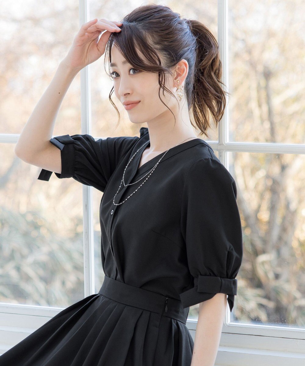 Tiaclasse L 【洗える】麻調リボン袖ブラウス 