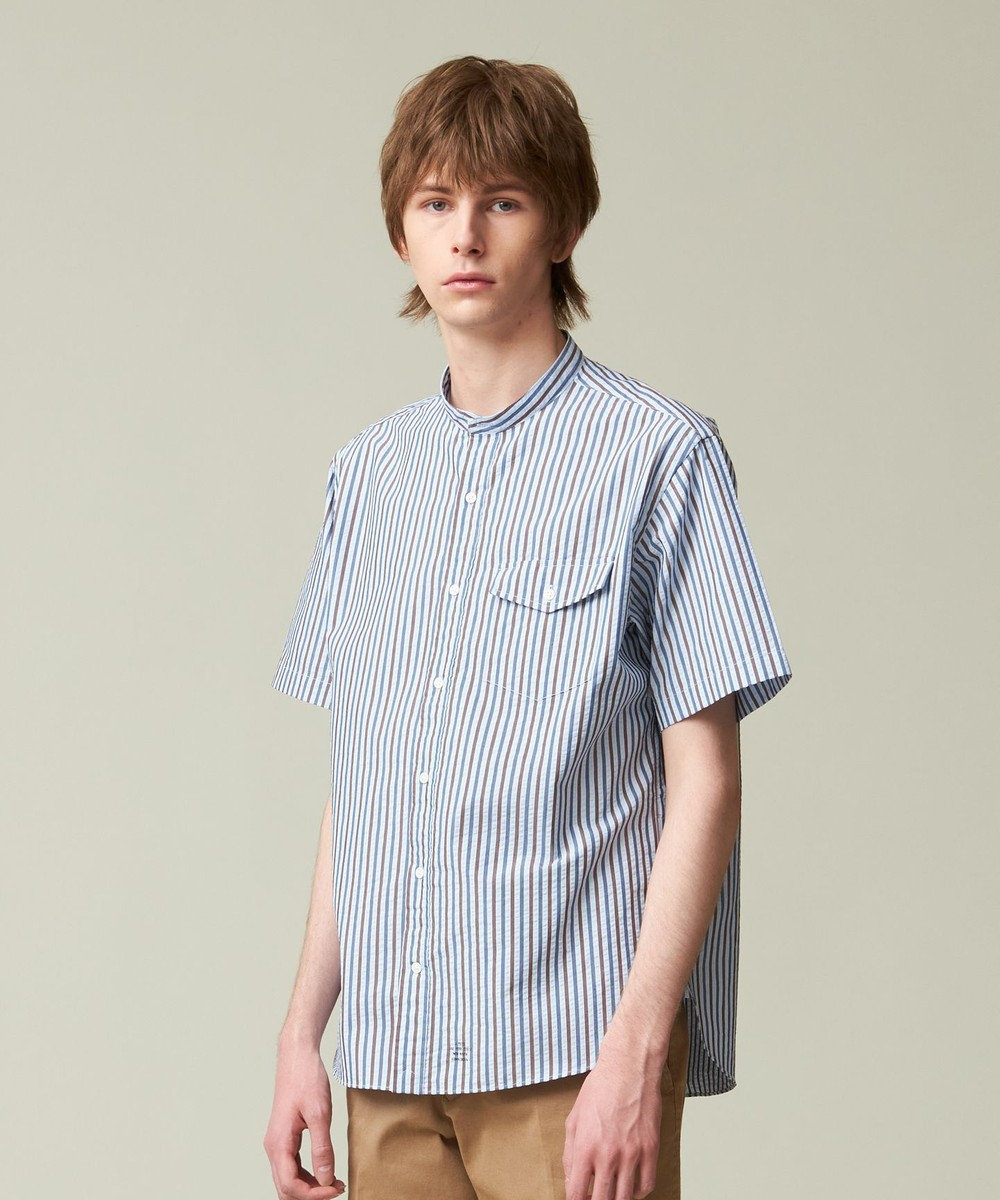 J.PRESS MEN 【クールマックス】サッカー マルチストライプ バンドカラーシャツ 