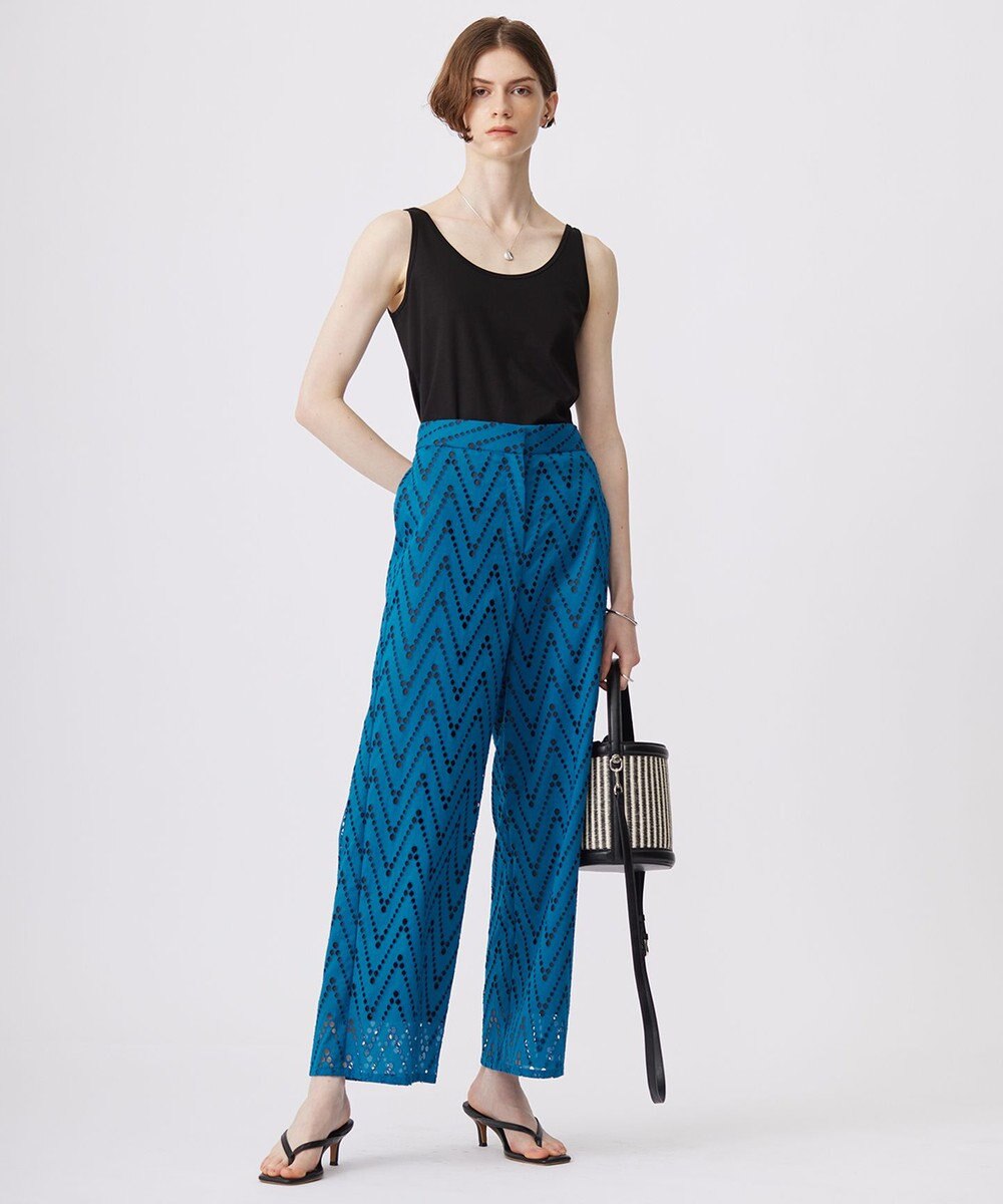 ICB 【洗える】 ヘリンボーンエンブロイダリー ワイドストレートパンツ 