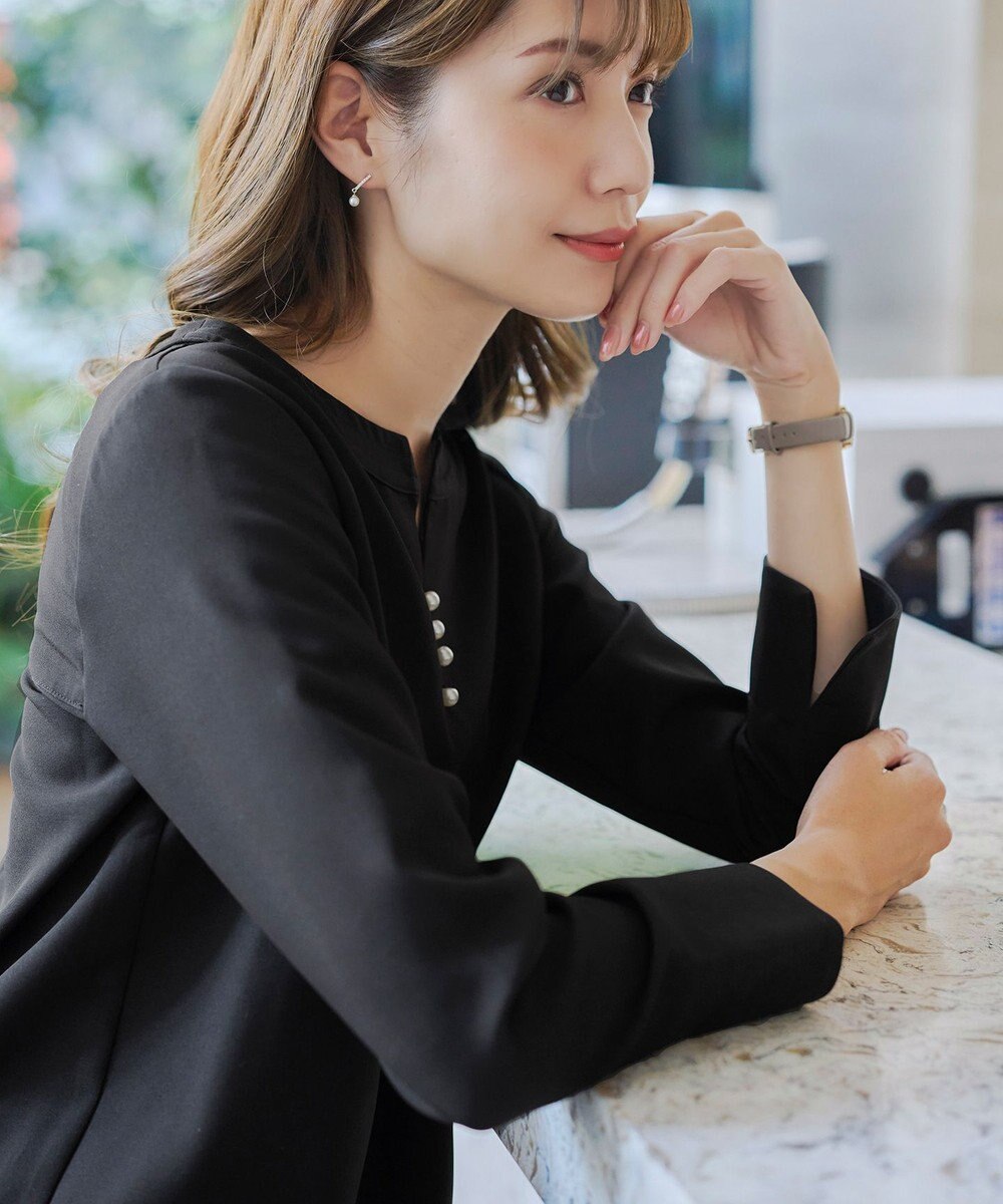 Tiaclasse 【ダブルストレッチ・洗える】スキッパーパールチュニックブラウス 