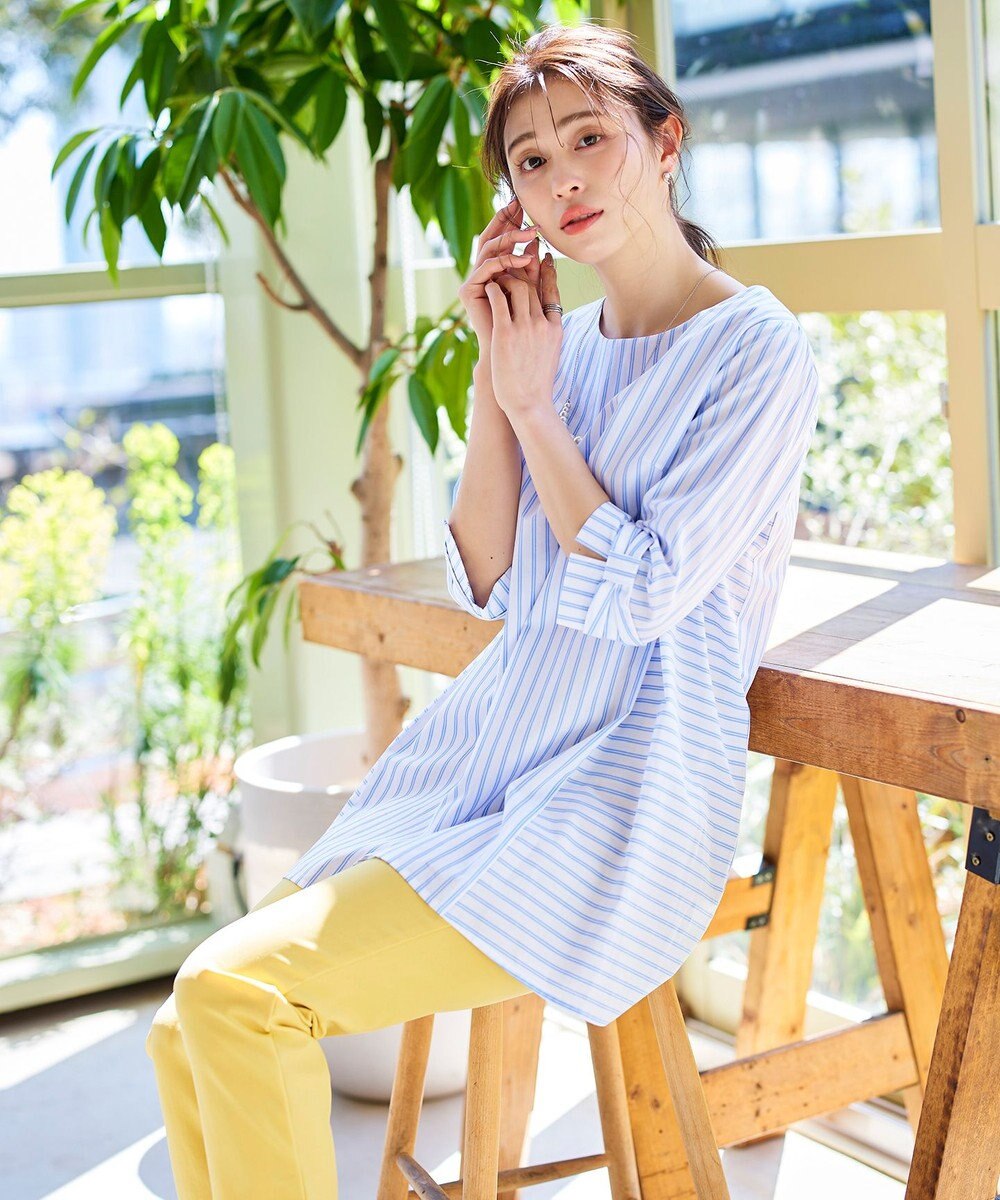 Tiaclasse L 【洗える】リボンスリーブストライプチュニックブラウス 