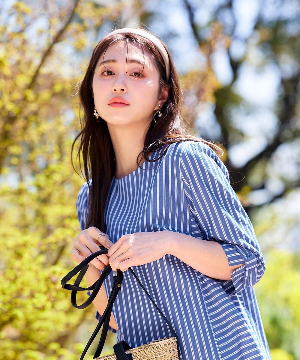 Tiaclasse L 【洗える】リボンスリーブストライプチュニックブラウス 