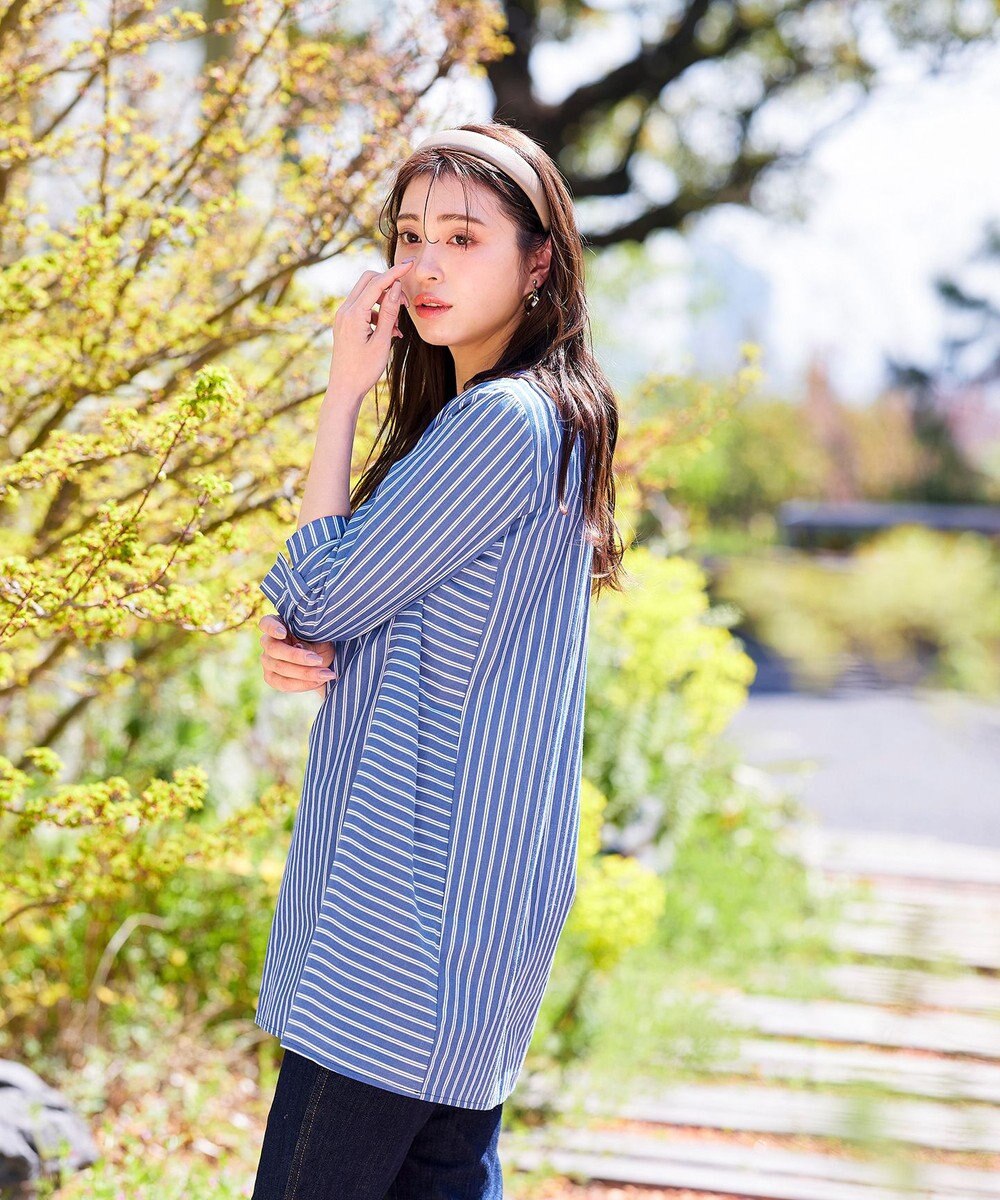 Tiaclasse L 【洗える】リボンスリーブストライプチュニックブラウス 